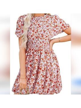 Dokotoo Womens Boho  Crewneck Puff Sleeve Tie Back Empire Waist Dress NWOT Siz L